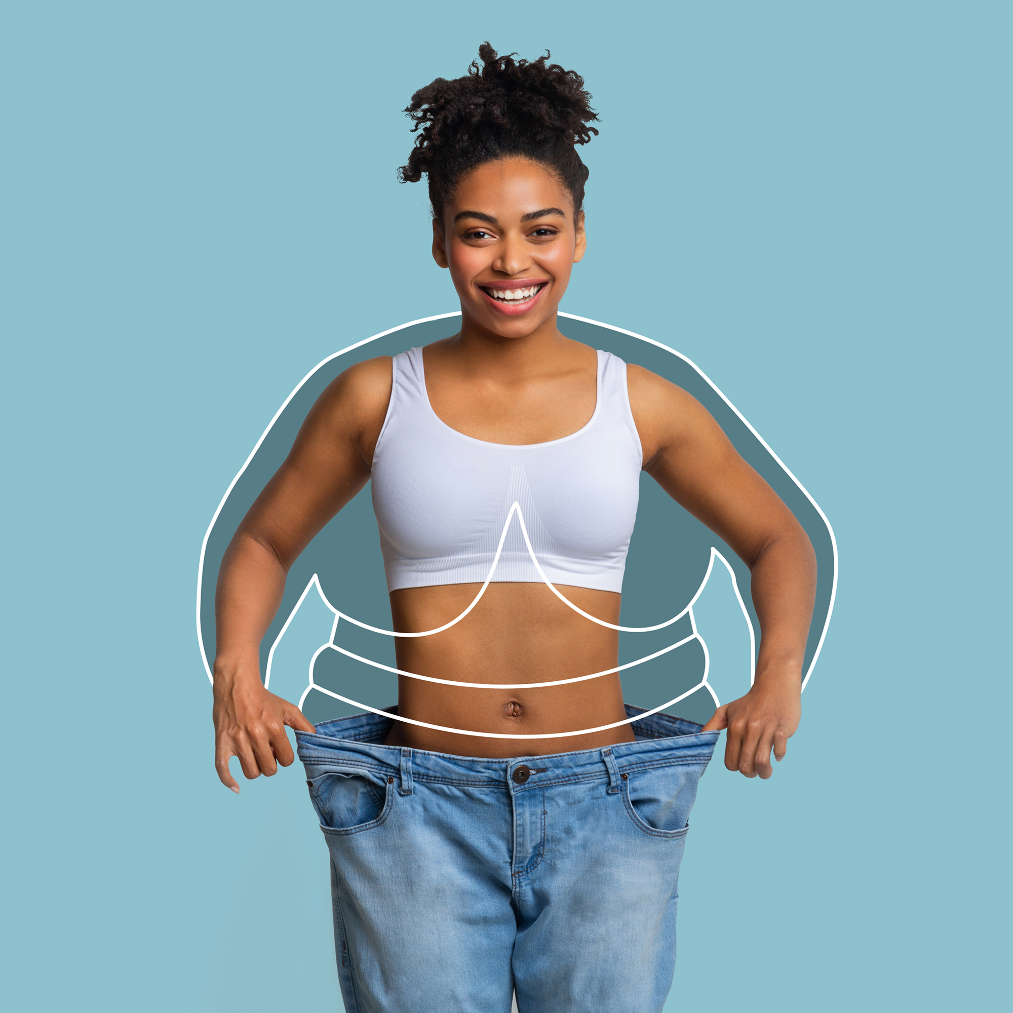 smiling millennial slim african american female big jeans enjoying weight loss result with fat abstract body around